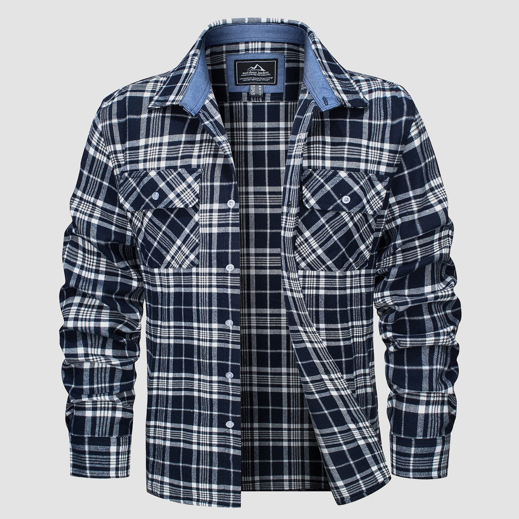 Plaid flannel shirt detail: button-down front, chest pockets and double-button cuffs.