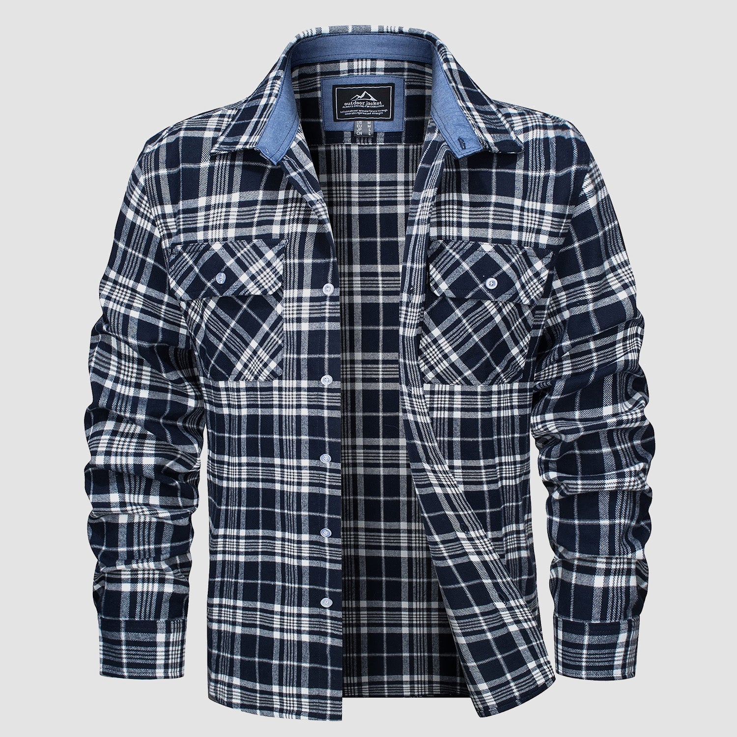 Plaid flannel shirt detail: button-down front, chest pockets and double-button cuffs.