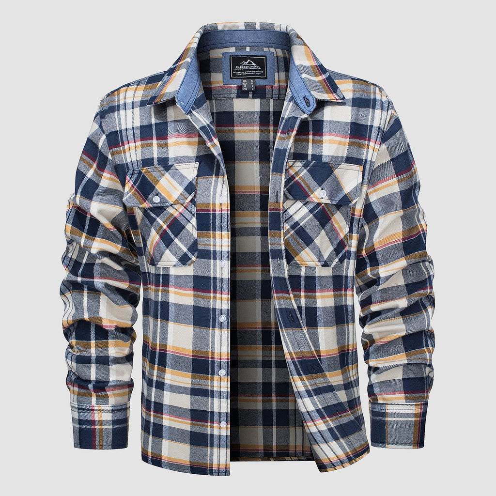 Plaid flannel shirt detail: button-down front, chest pockets and double-button cuffs.