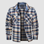 Plaid flannel shirt detail: button-down front, chest pockets and double-button cuffs.