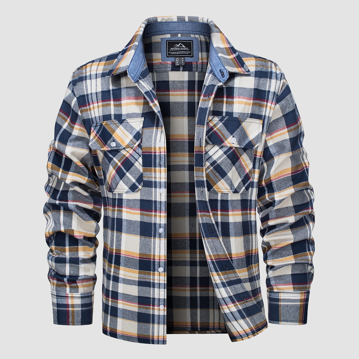 Plaid flannel shirt detail: button-down front, chest pockets and double-button cuffs.