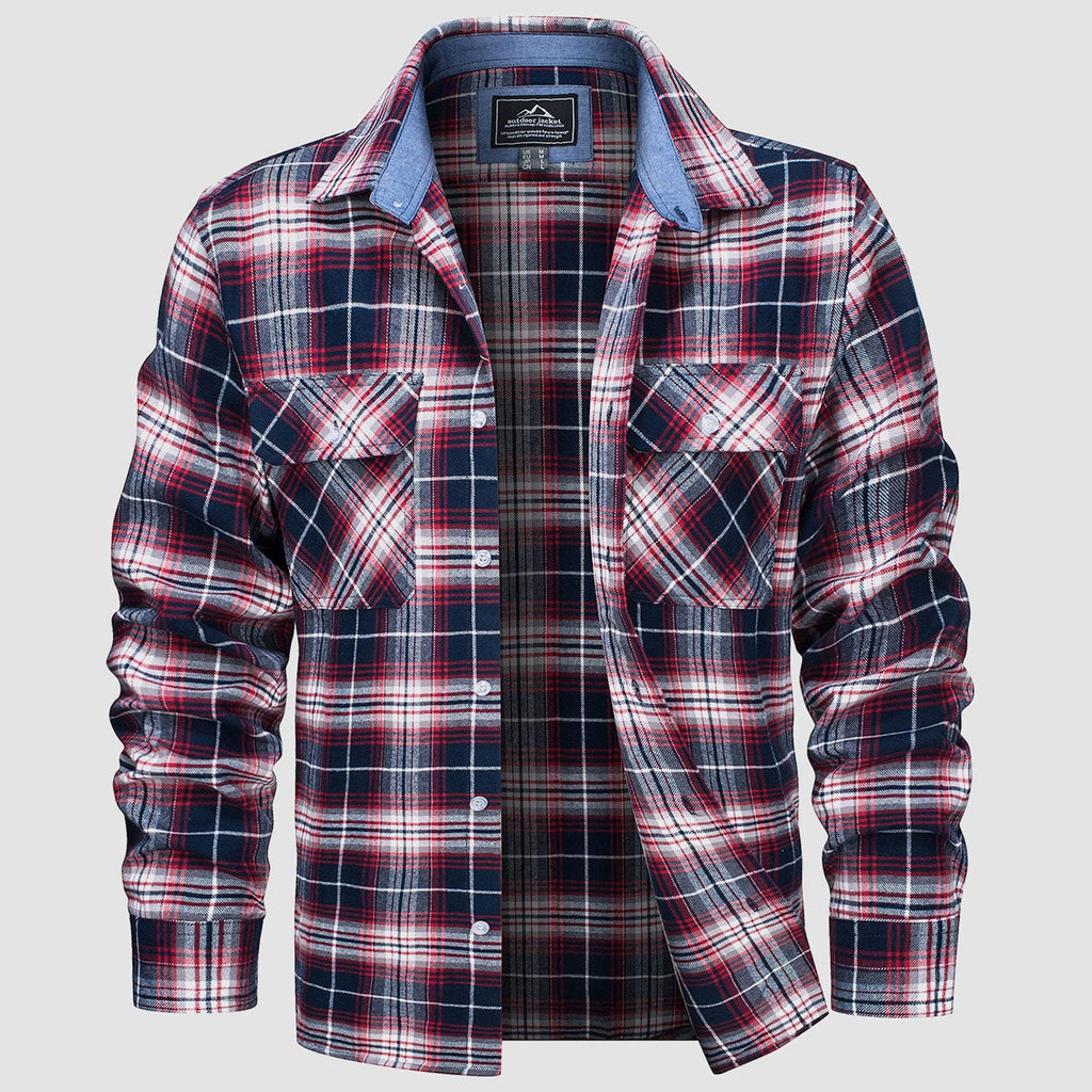 Plaid flannel shirt detail: button-down front, chest pockets and double-button cuffs.