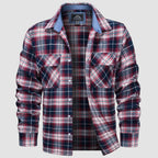 Plaid flannel shirt detail: button-down front, chest pockets and double-button cuffs.