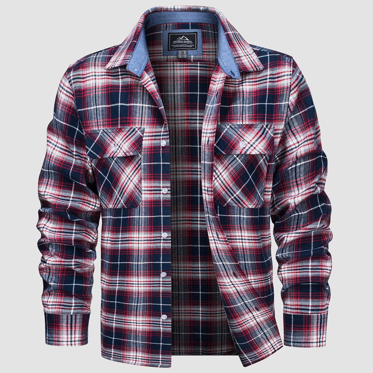 Plaid flannel shirt detail: button-down front, chest pockets and double-button cuffs.