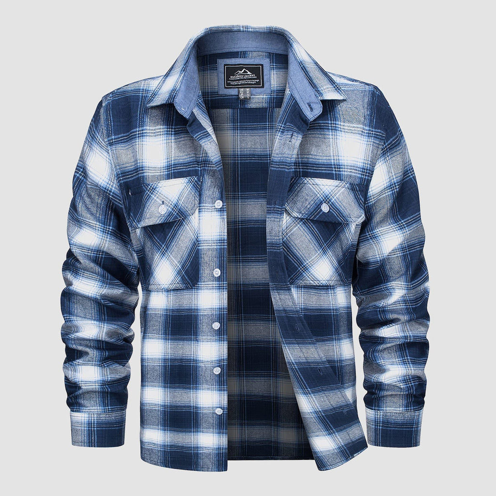Plaid flannel shirt in Blue White, cotton button-down with two chest pockets.