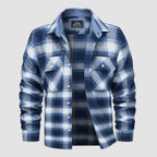Plaid flannel shirt in Blue White, cotton button-down with two chest pockets.