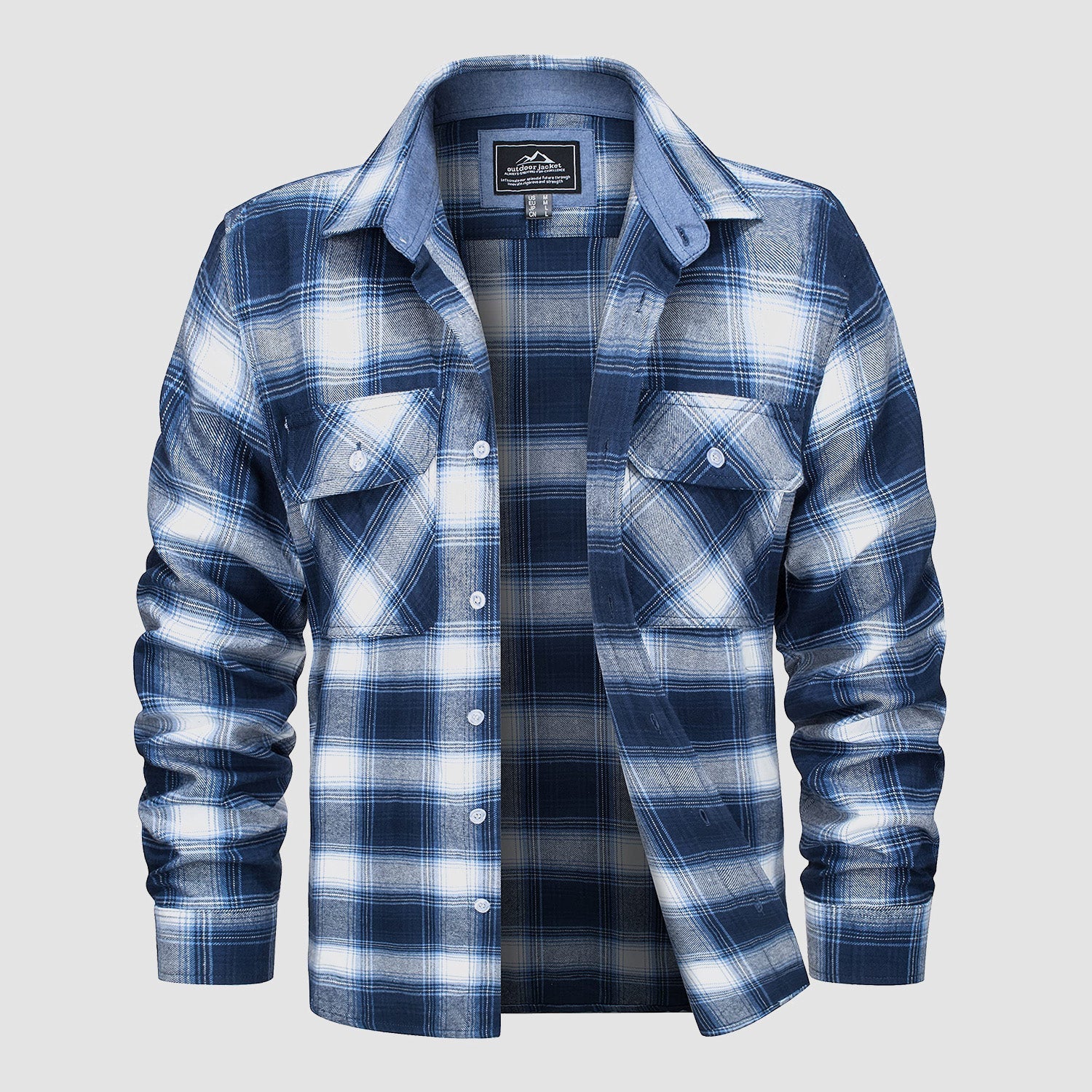 Plaid flannel shirt in Blue White, cotton button-down with two chest pockets.