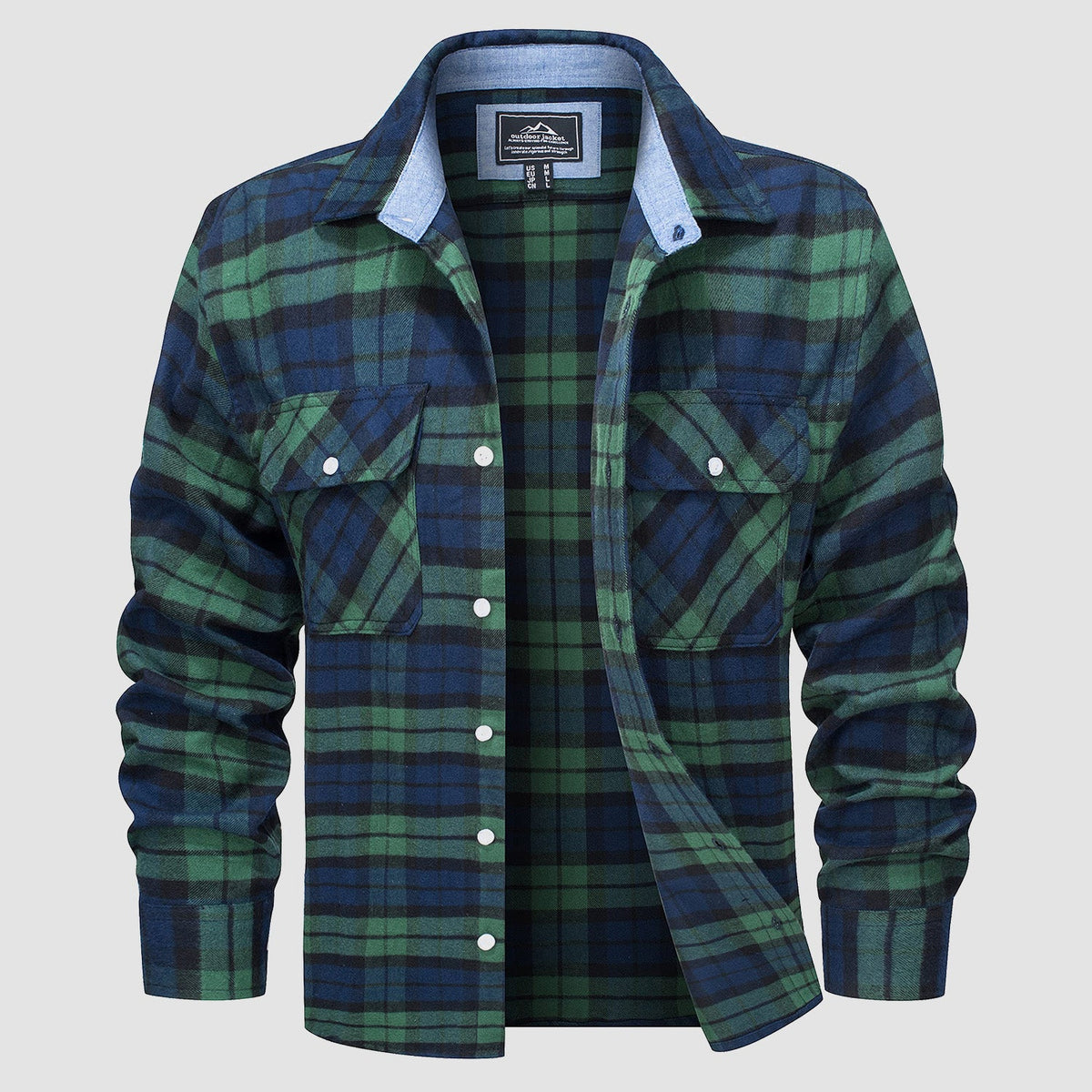 Plaid flannel shirt in Navy, cotton button-down with two chest pockets.