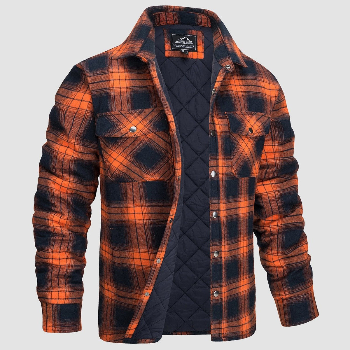 Quilted flannel jacket detail showing the button-up placket and shirt collar
