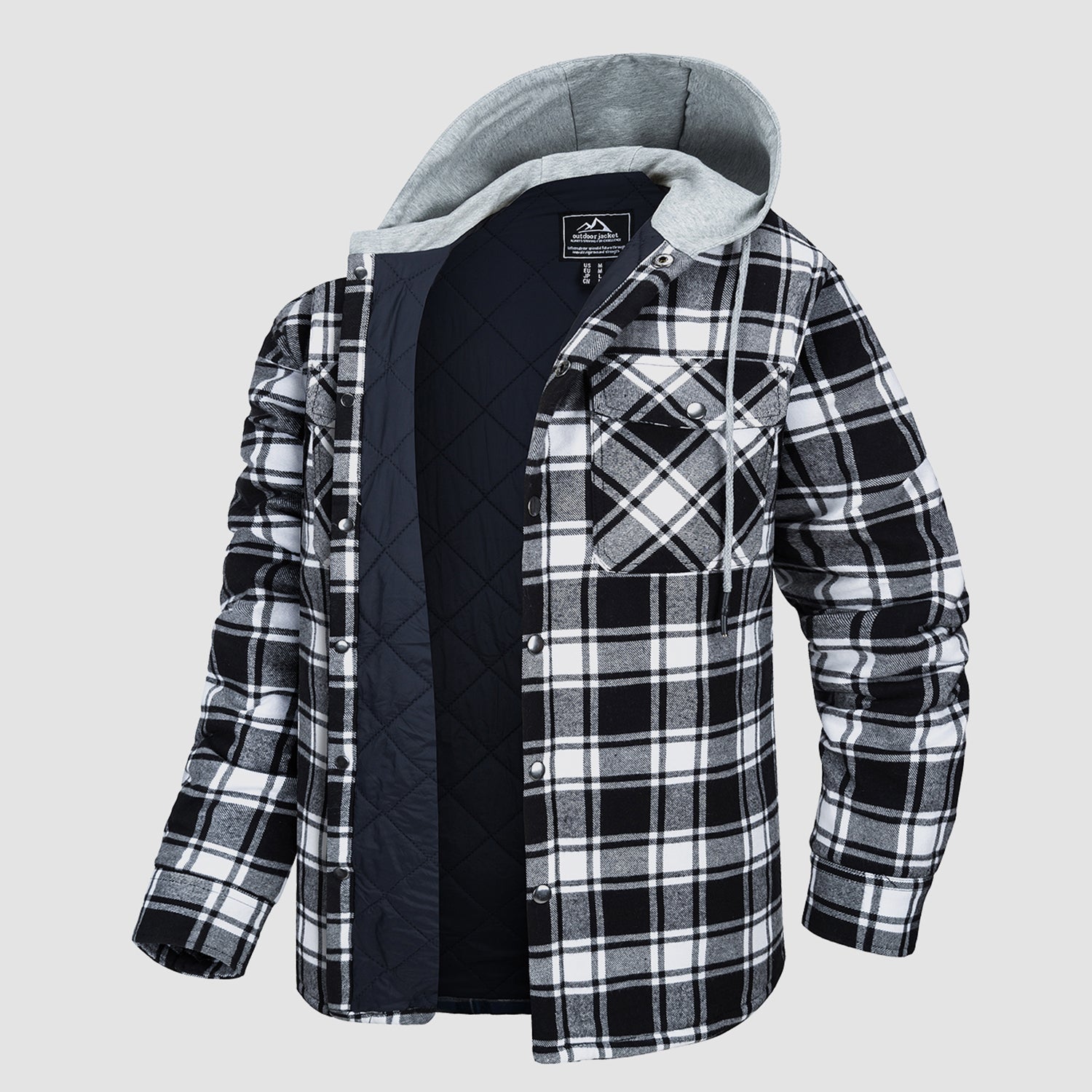 Quilted flannel jacket in Blue Grey plaid with an adjustable hood and button-down front.