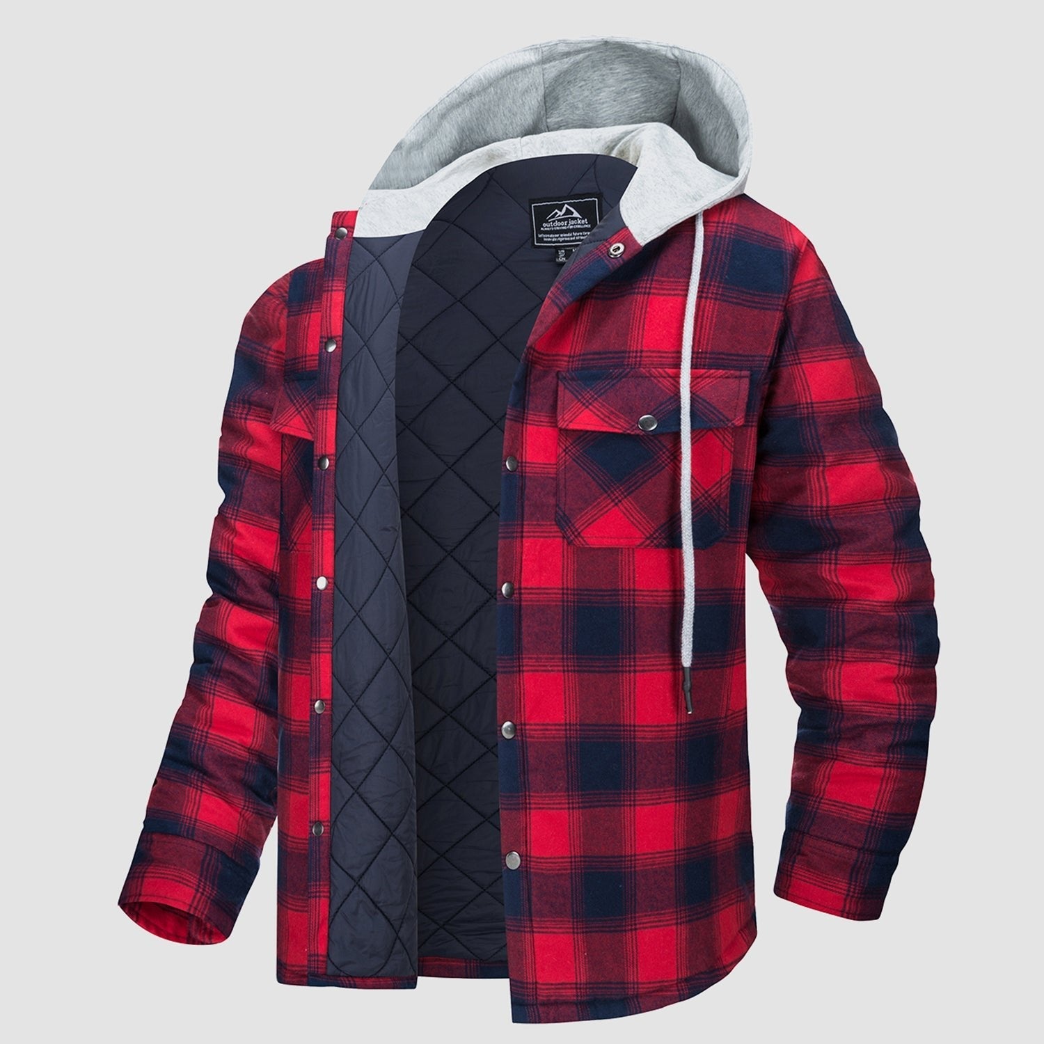 Quilted flannel jacket in Yellow plaid with an adjustable hood and button-down front.