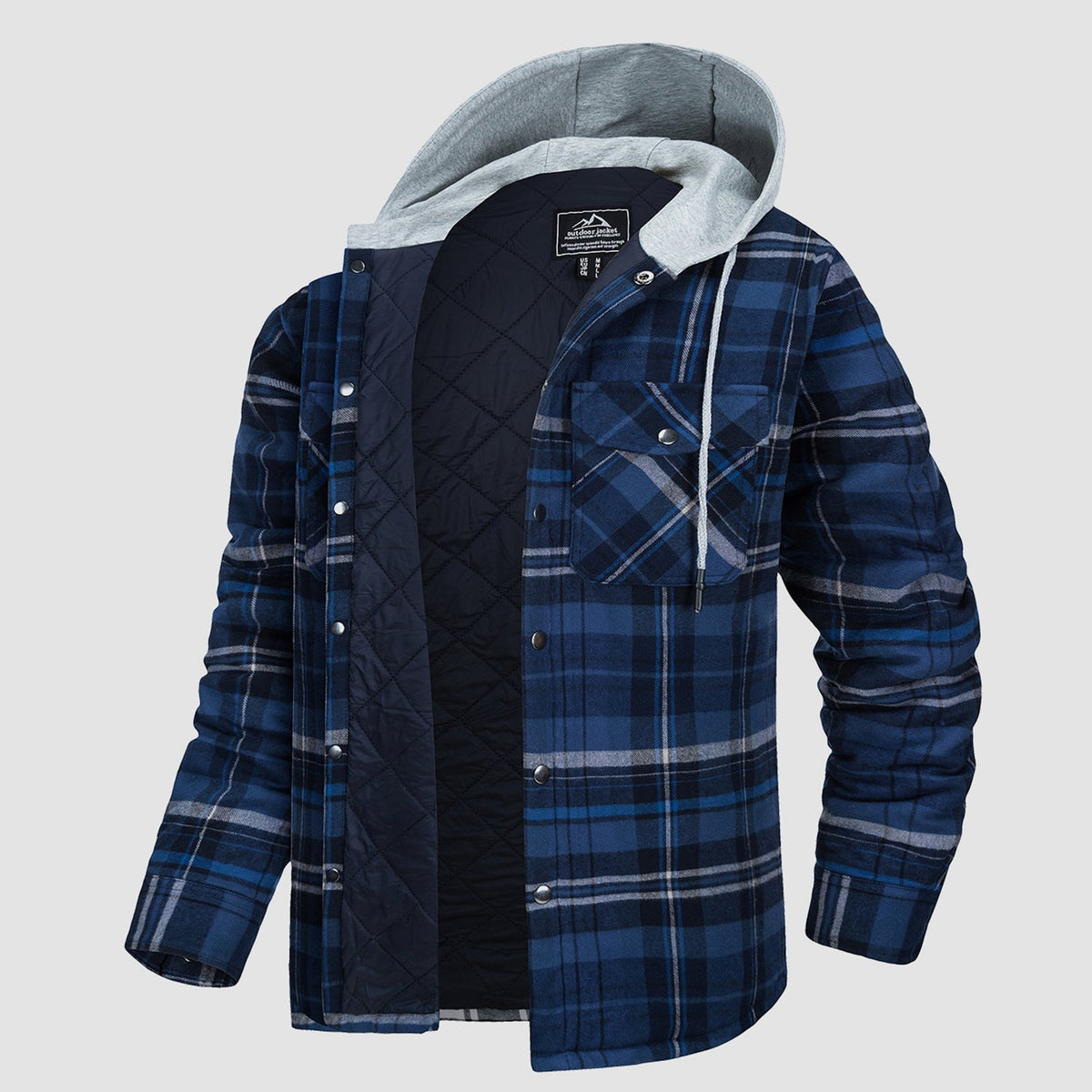 Quilted flannel jacket in Black Grey plaid with an adjustable hood and button-down front.
