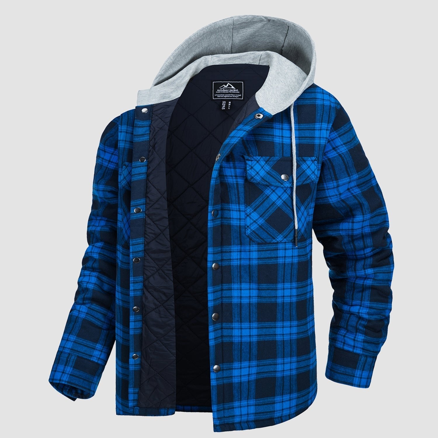 Quilted flannel jacket in Brown plaid with an adjustable hood and button-down front.