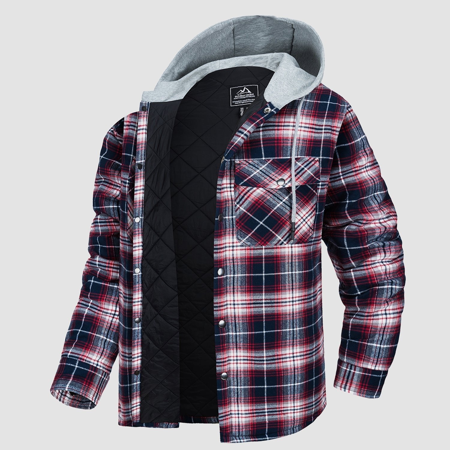 Quilted flannel jacket in Orange plaid with an adjustable hood and button-down front.