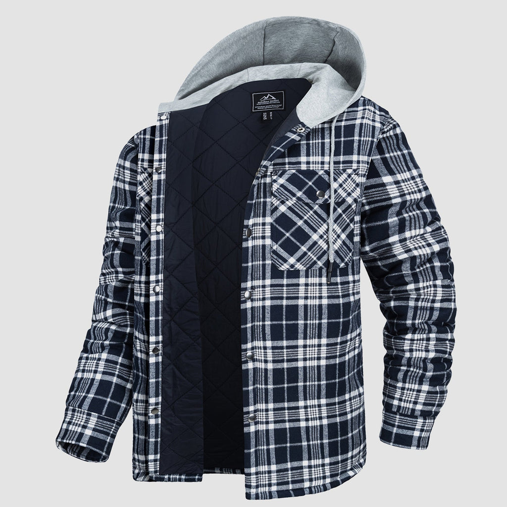 Quilted flannel jacket with hood, detail of the quilted fleece lining and buttons.