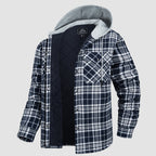 Quilted flannel jacket with hood, detail of the quilted fleece lining and buttons.