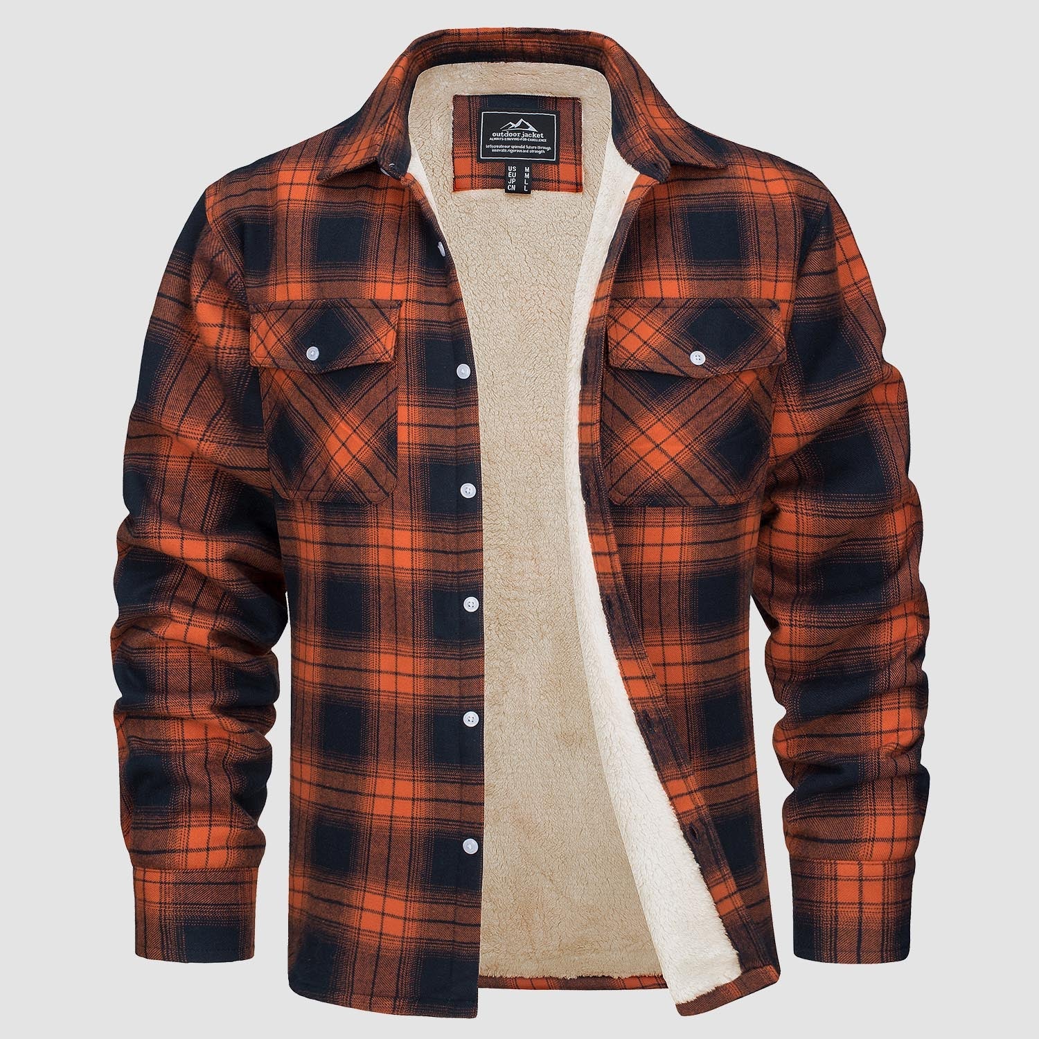 Sherpa-lined plaid flannel shirt jacket, detail view