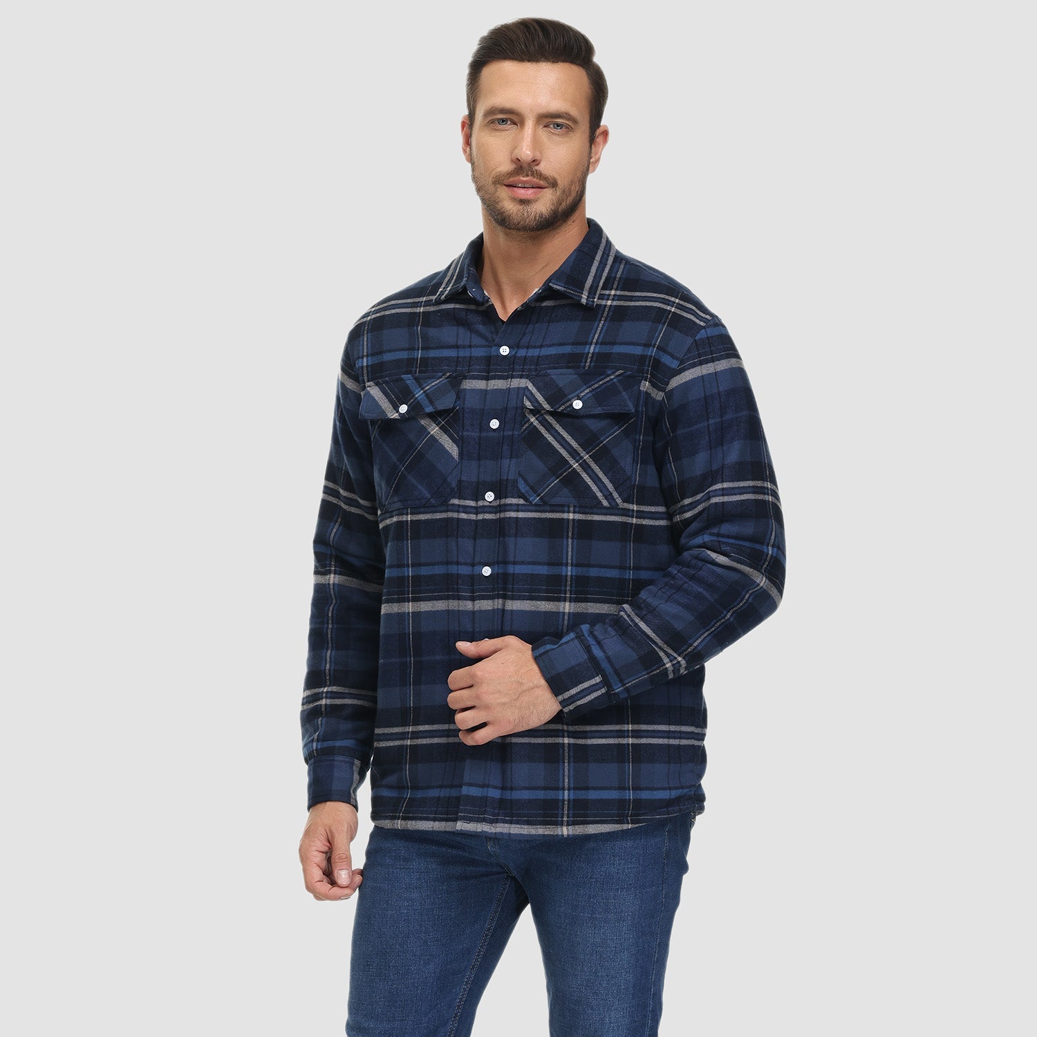 Flannel shirt jacket in orange plaid, sherpa-lined, front view