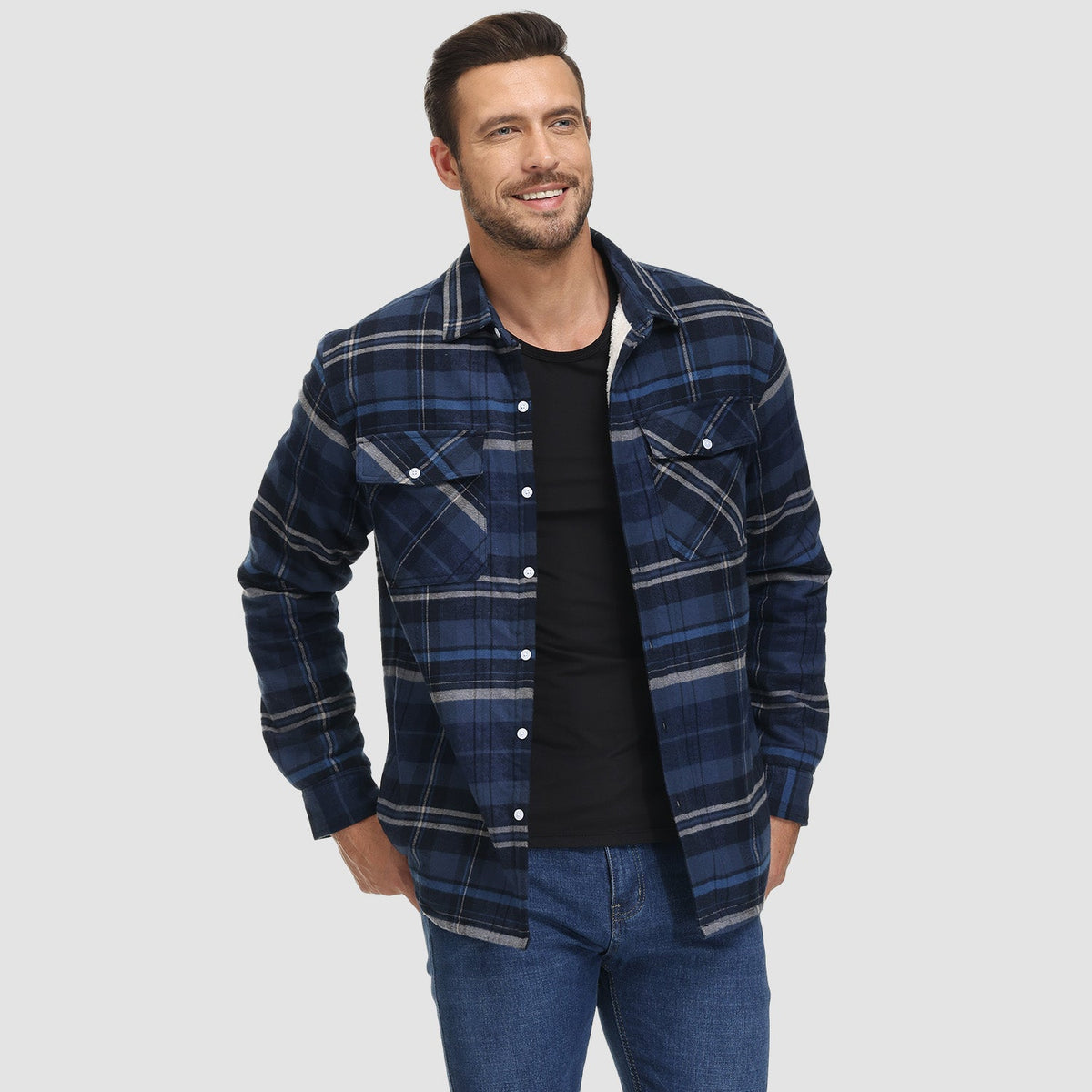 Flannel shirt jacket in brown plaid, sherpa-lined, front view