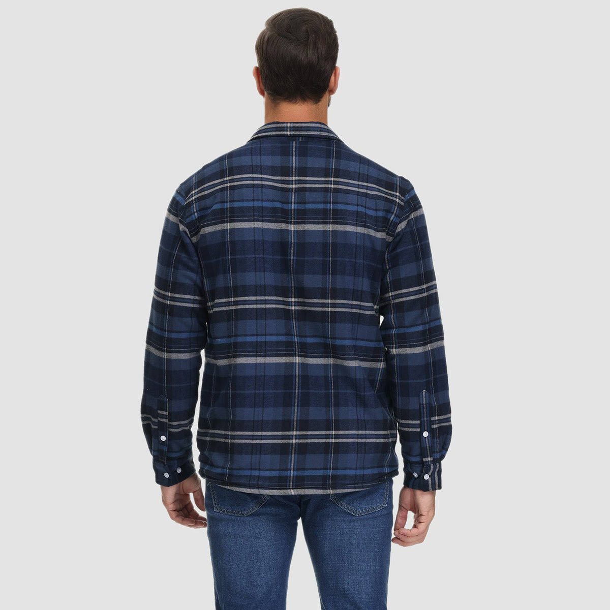 Flannel shirt jacket in grey blue plaid, sherpa-lined, front view