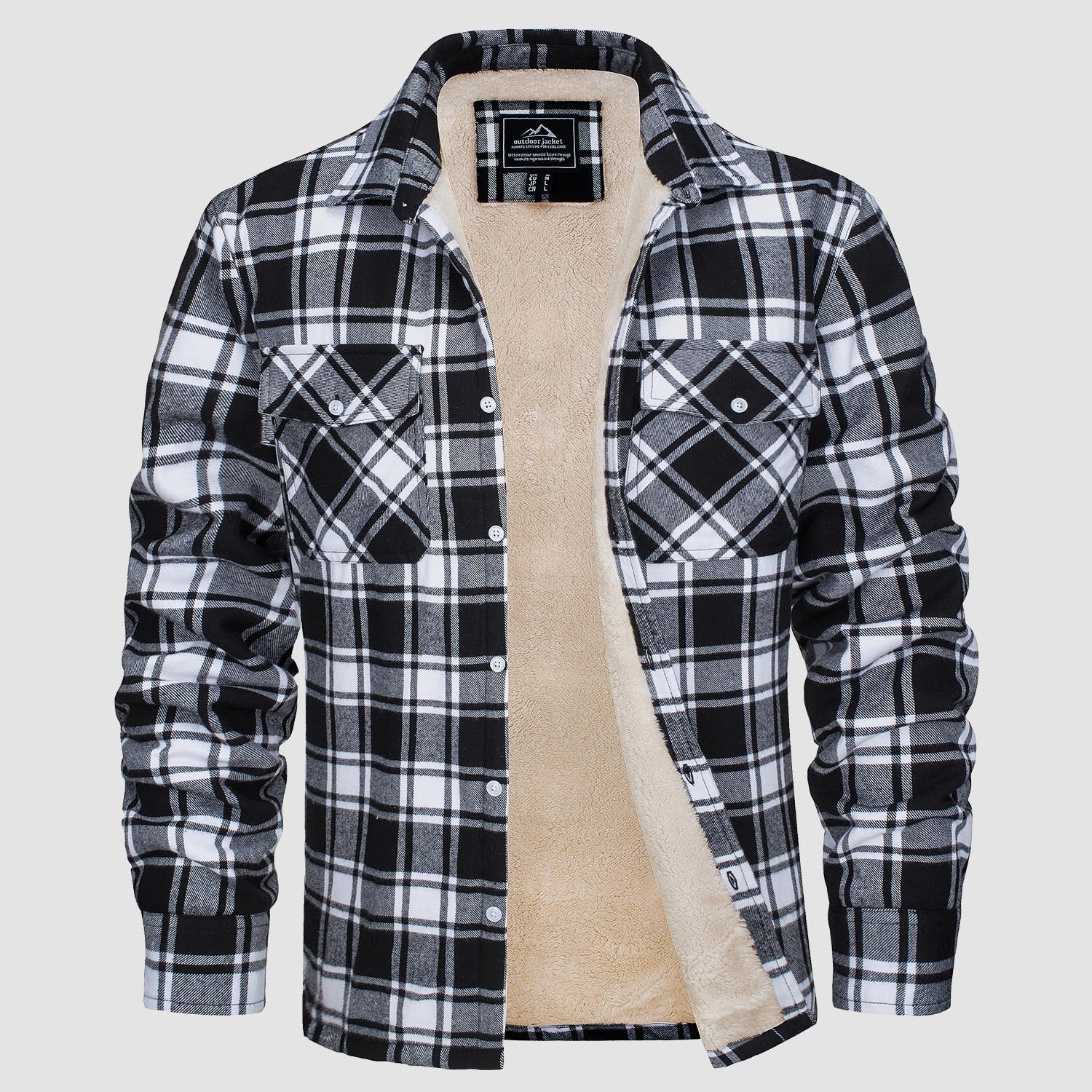 Flannel shirt jacket in white red plaid, sherpa-lined, front view