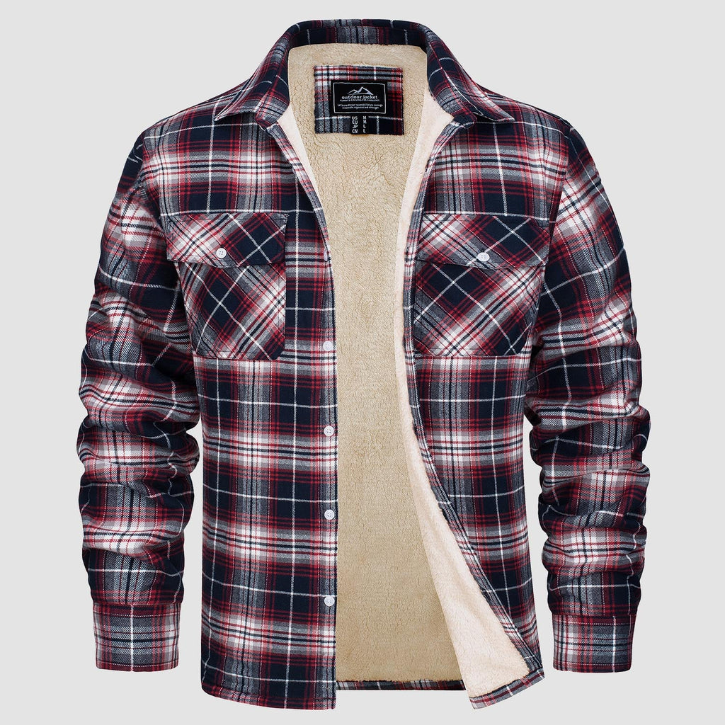 Sherpa-lined plaid flannel shirt jacket, detail view