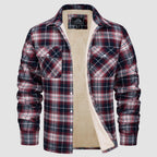 Sherpa-lined plaid flannel shirt jacket, detail view