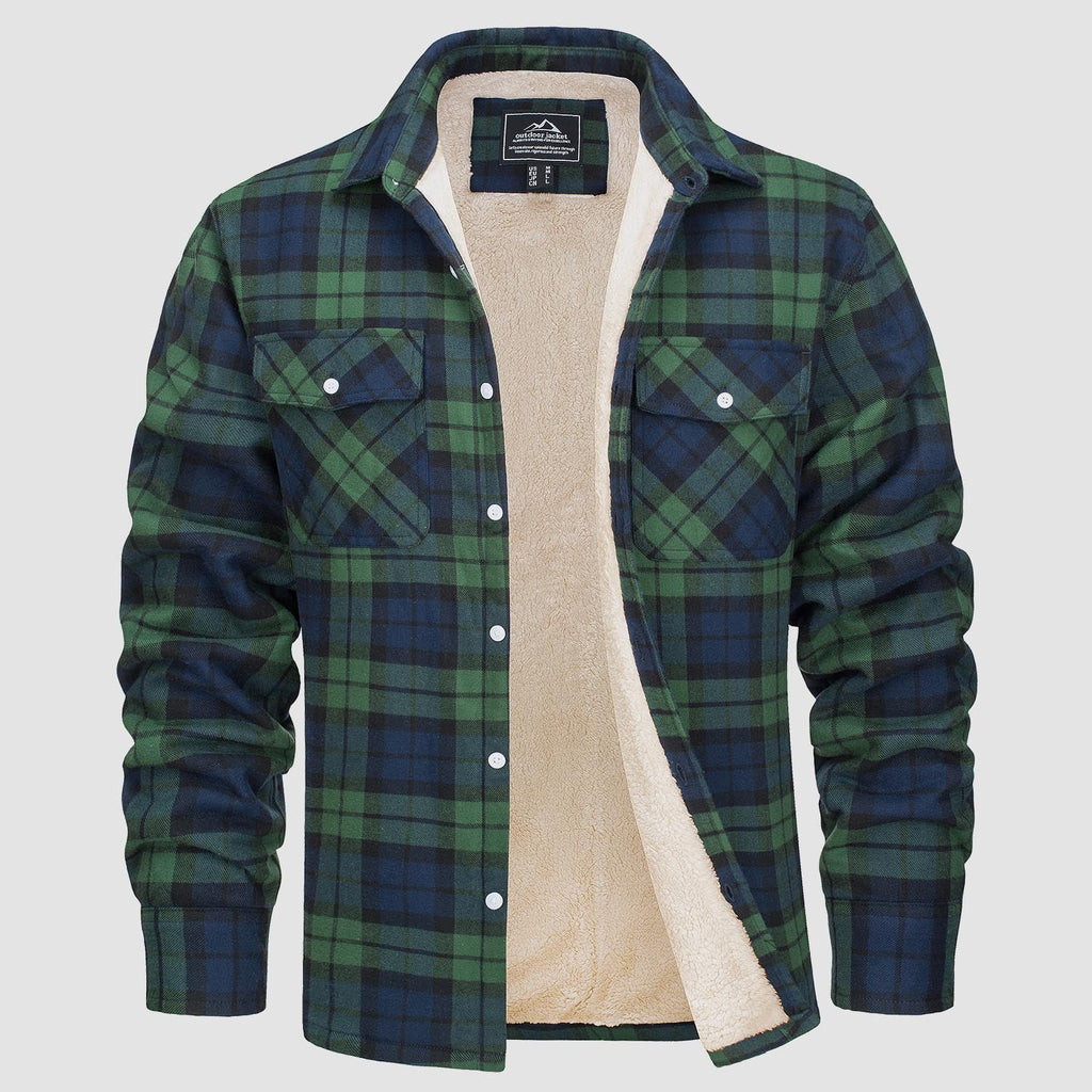 Sherpa-lined plaid flannel shirt jacket, detail view