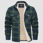 Sherpa-lined plaid flannel shirt jacket, detail view