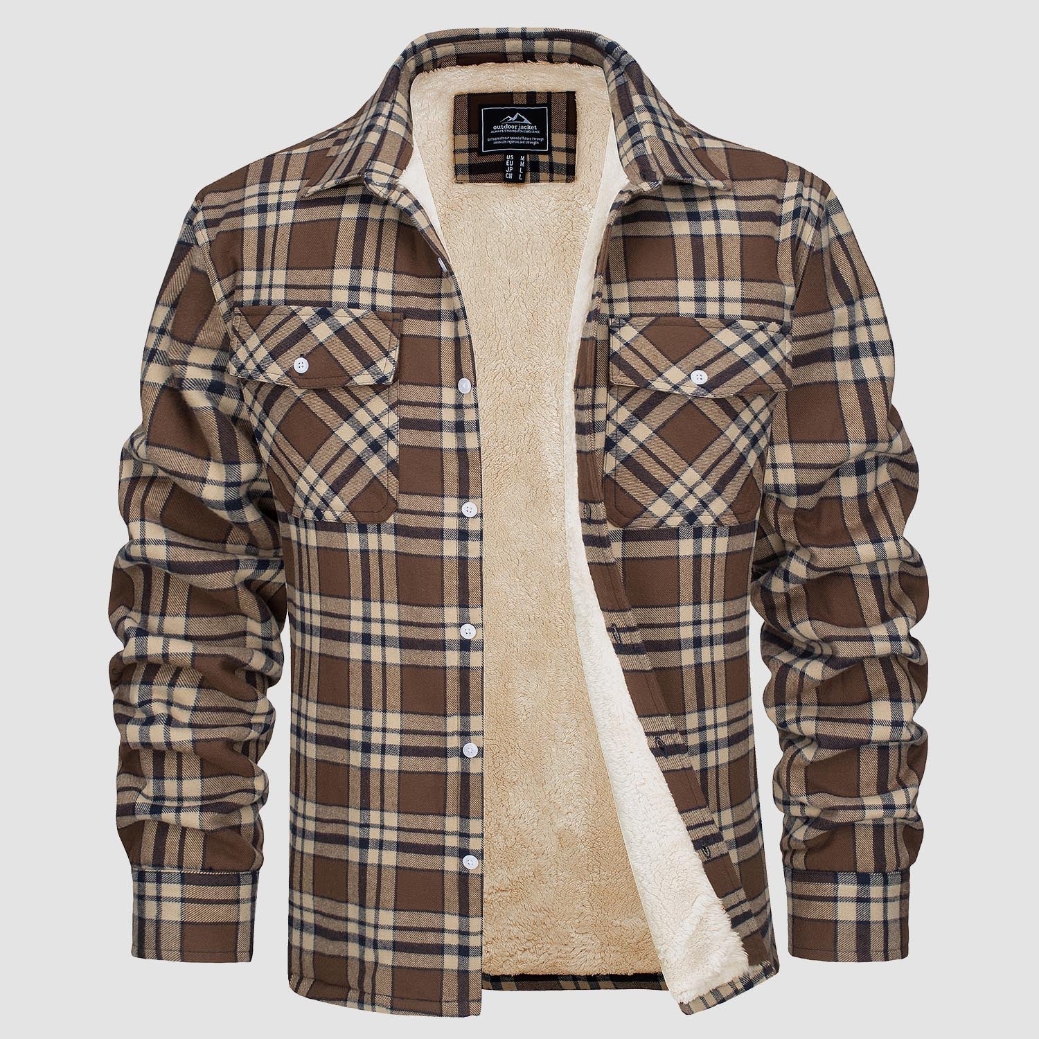 Flannel shirt jacket in green plaid, sherpa-lined, front view