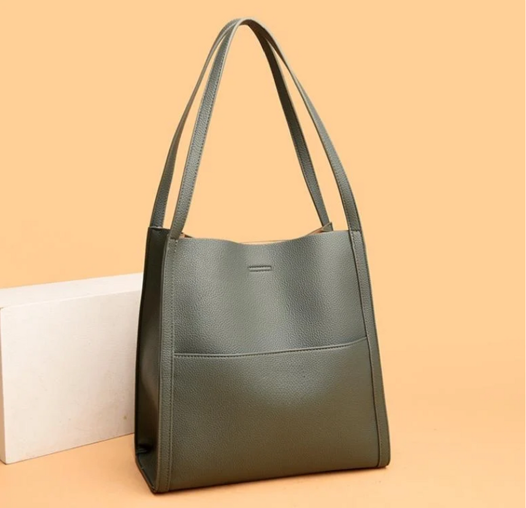 Leather-look shoulder bag top zip pull hardware detail