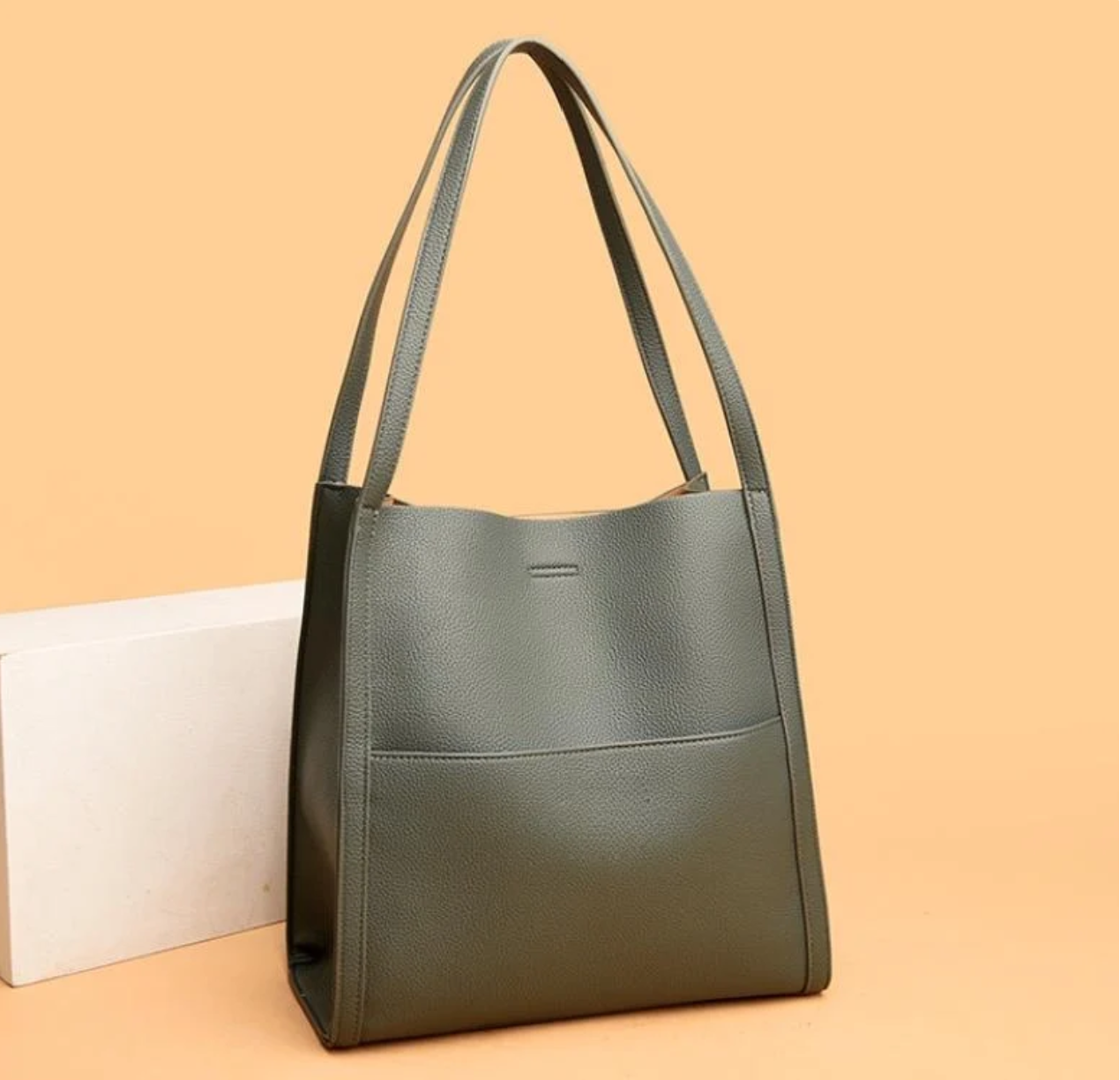 Leather-look shoulder bag top zip pull hardware detail