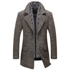 Long wool blend coat with detachable scarf collar in coffee, front view.