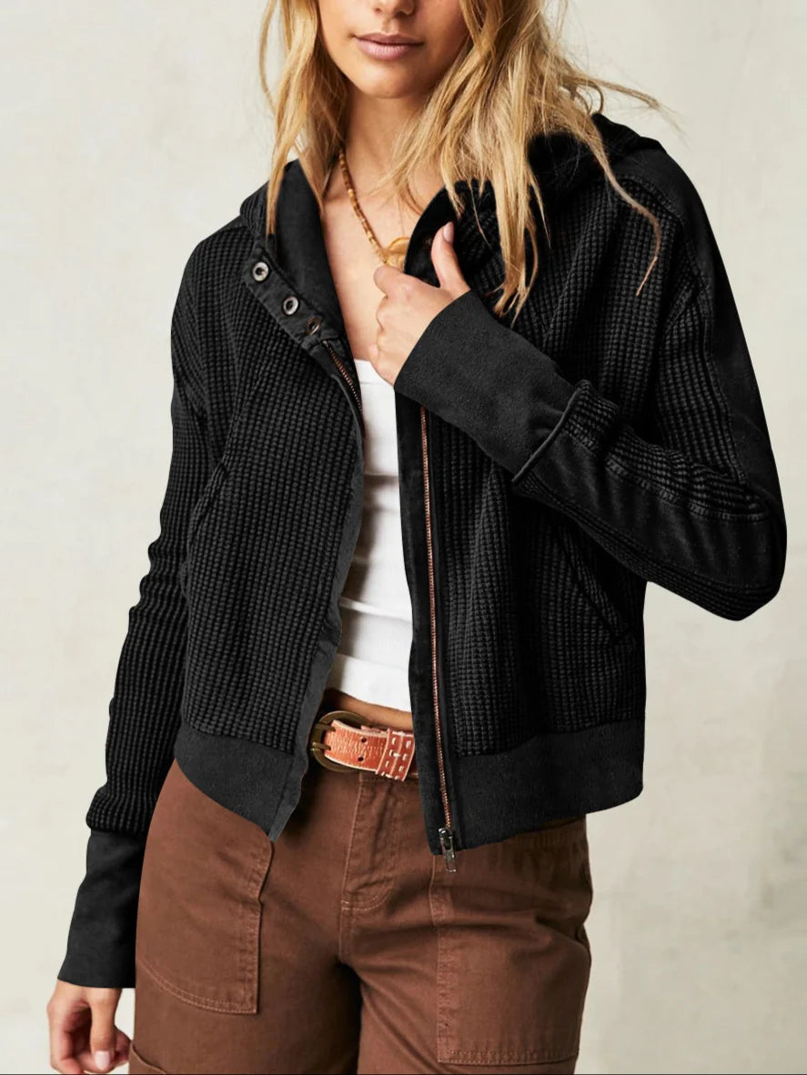 Cropped Hoodie Waffle-Knit Zip