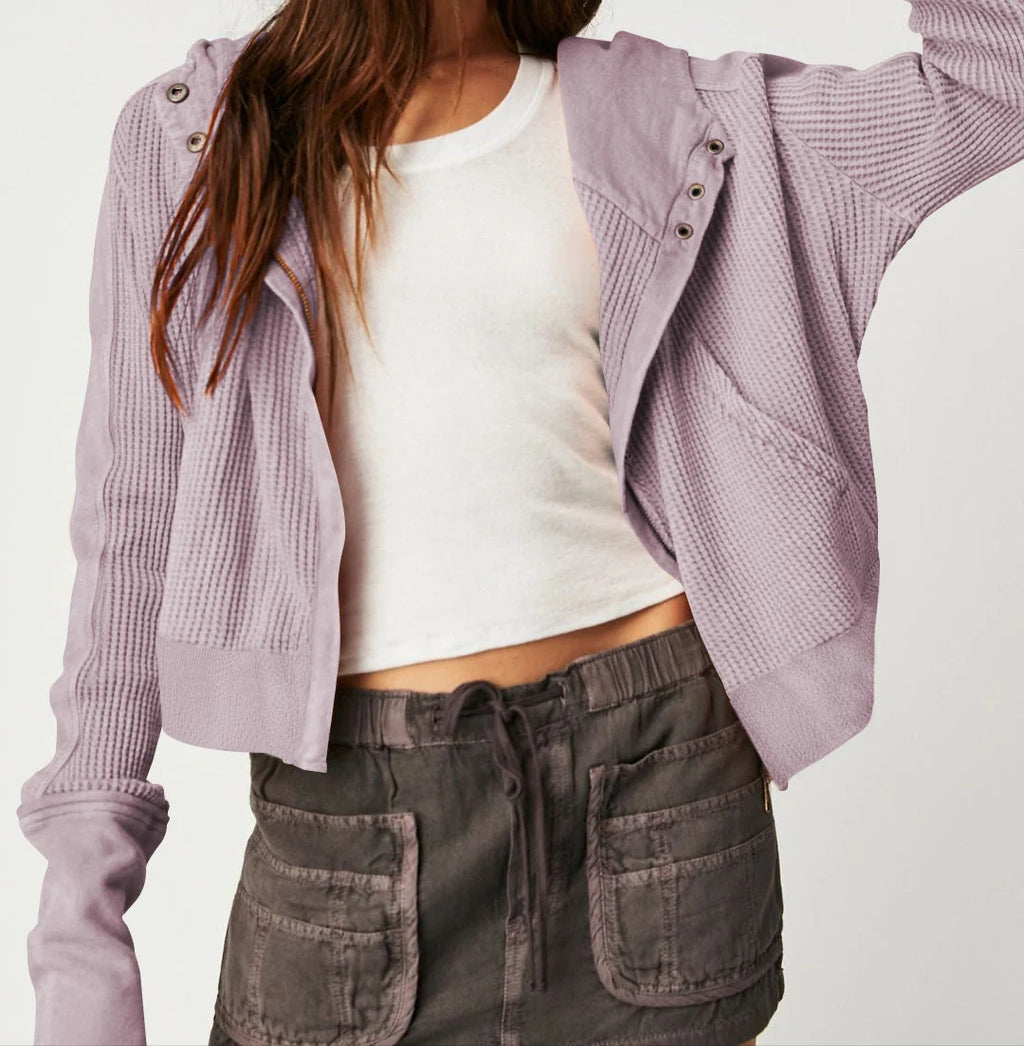 Cropped Hoodie Waffle-Knit Zip
