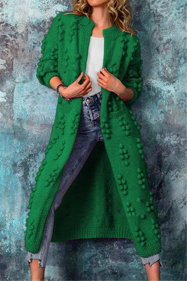Green longline open cardigan in textured knit, relaxed fit front view