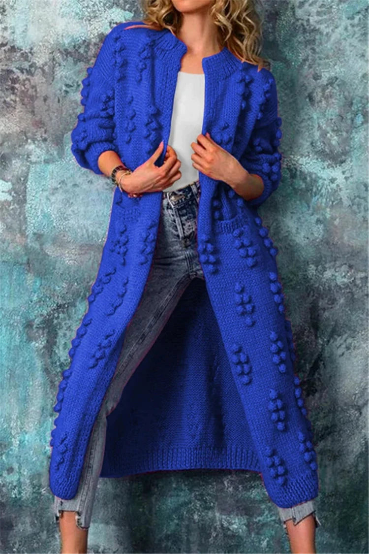 Blue longline open cardigan in textured knit, relaxed fit front view