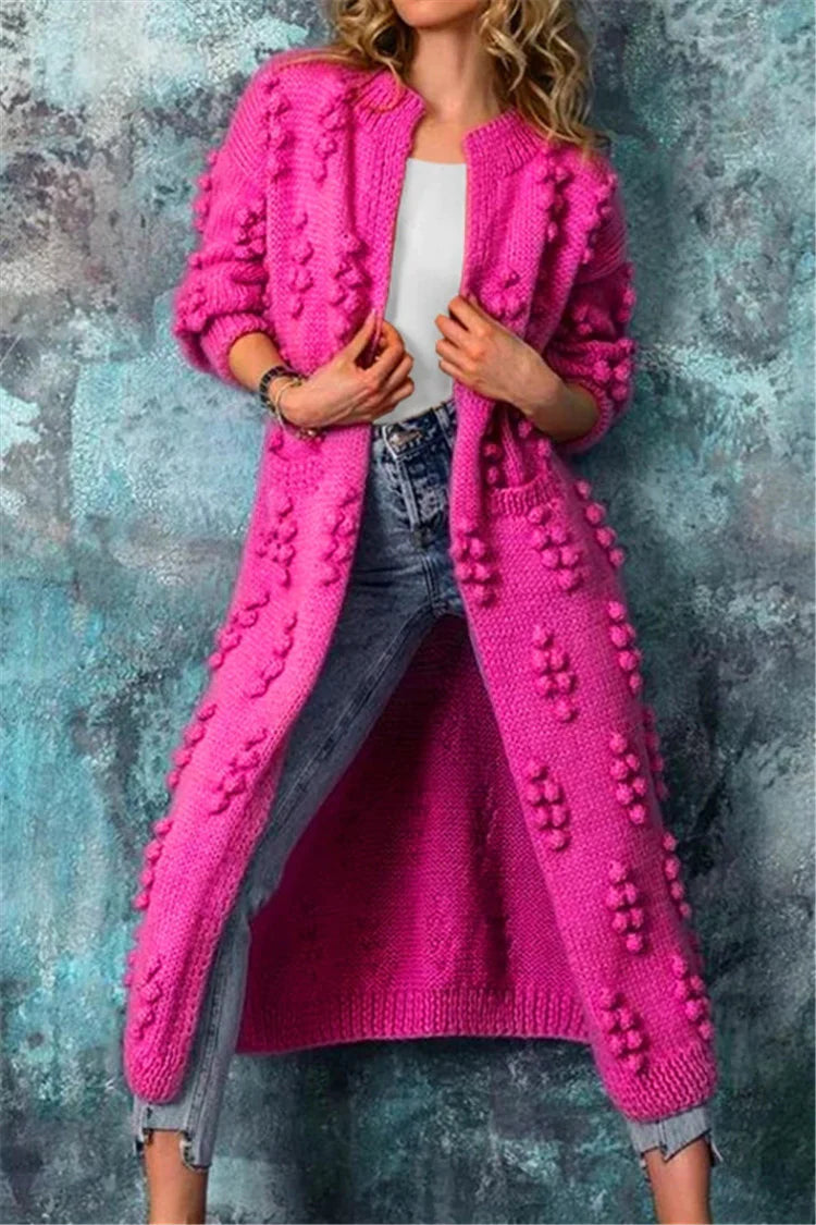 Pink longline open cardigan in textured knit, relaxed fit front view