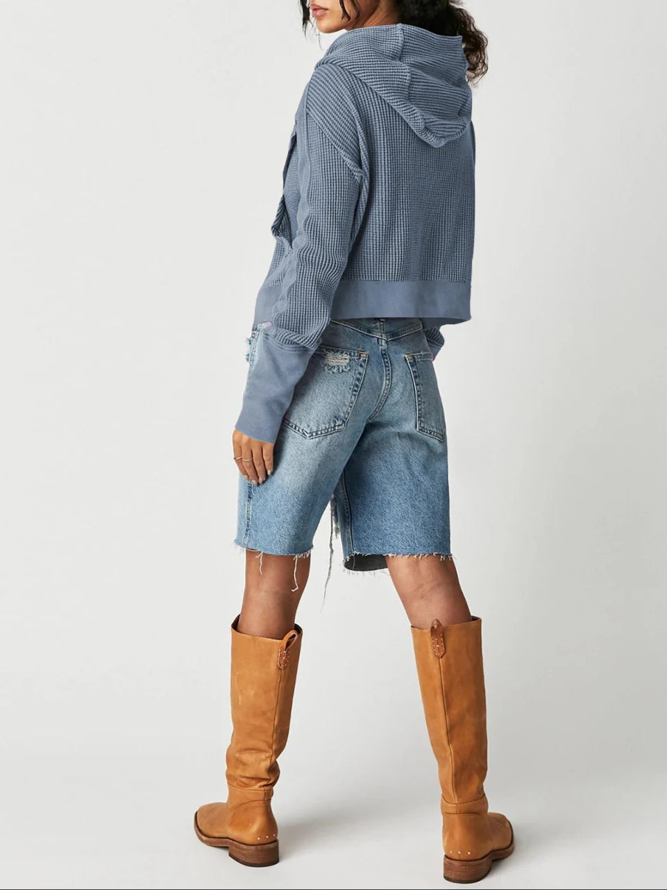 Cropped Hoodie Waffle-Knit Zip
