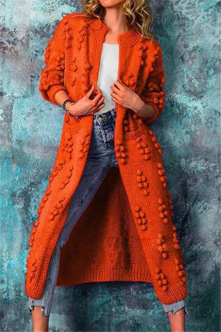 Orange longline open cardigan in textured knit, relaxed fit front view