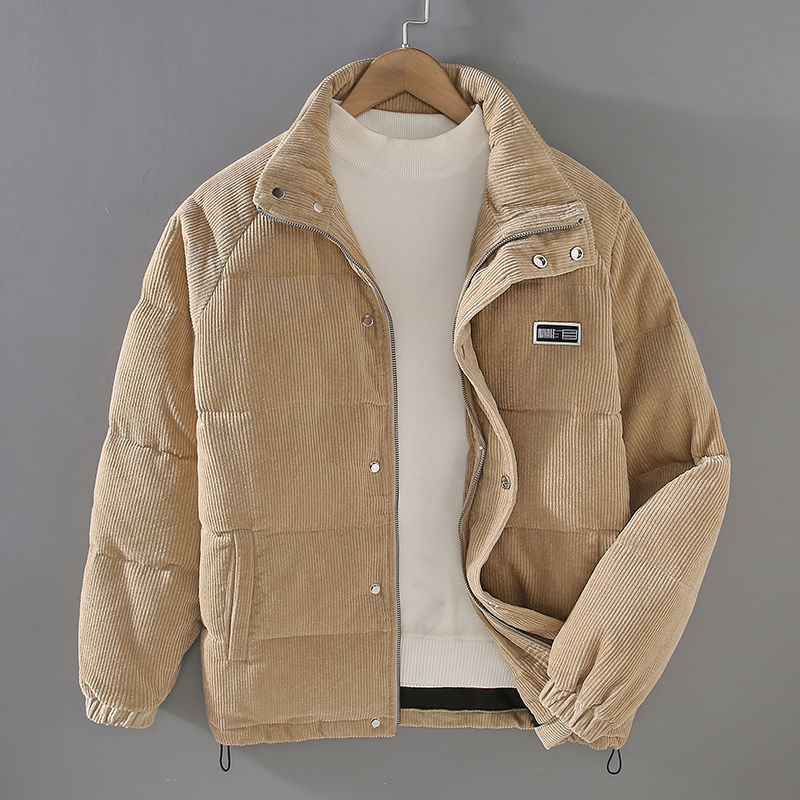 Khaki padded corduroy jacket with full-zip front and deep pockets, warm winter outerwear