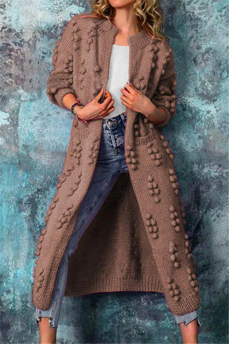 Brown longline open cardigan in textured knit, relaxed fit front view