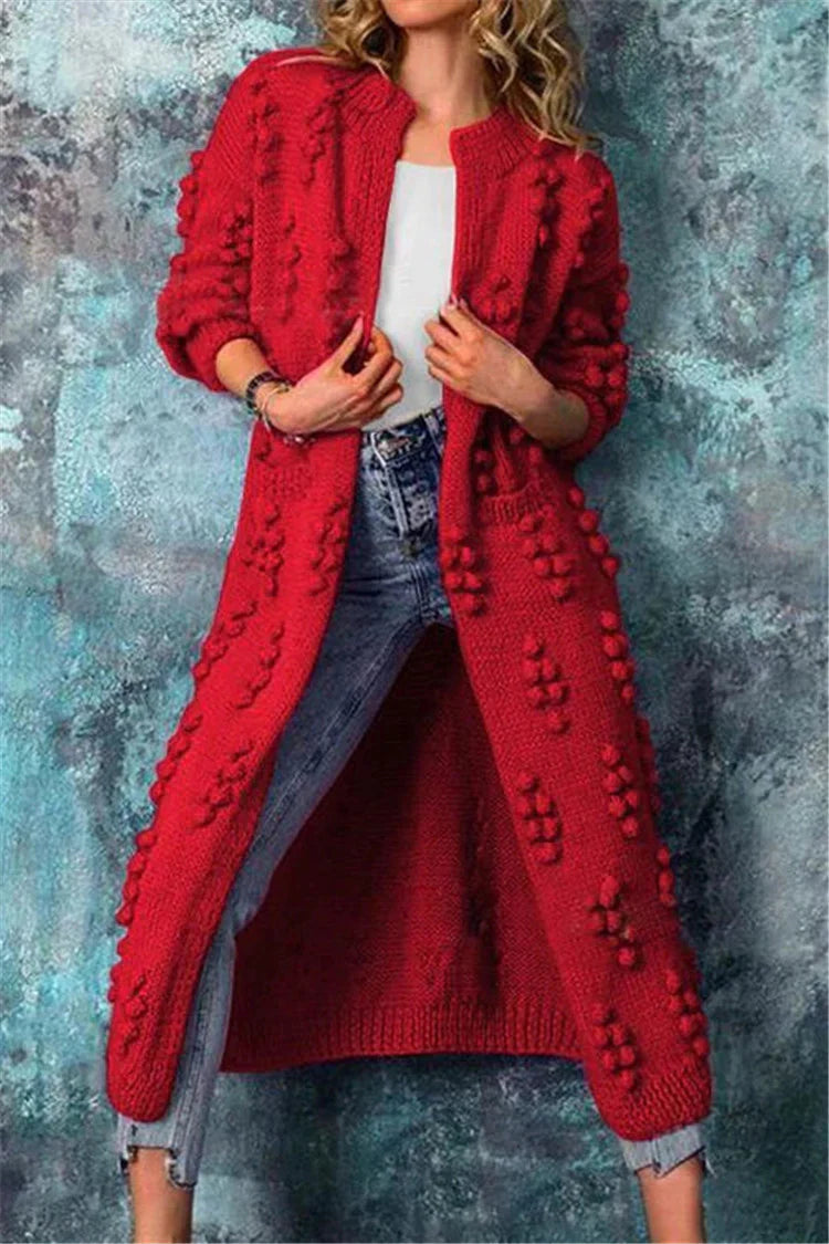 Red longline open cardigan in textured knit, relaxed fit front view