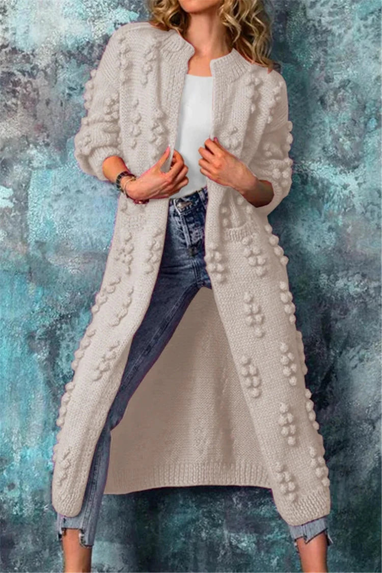Beige longline open cardigan in textured knit, relaxed fit front view