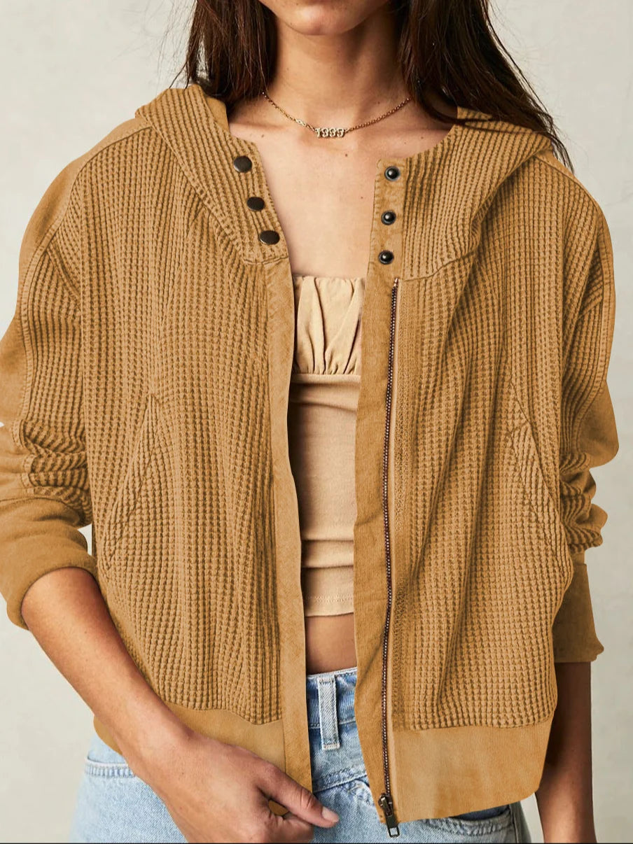 Cropped Hoodie Waffle-Knit Zip