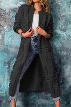 Black longline open cardigan in textured knit, relaxed fit front view