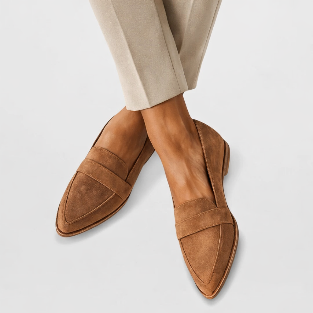 Orthopedic loafers in brown suede-look with pointed toe and supportive footbed.
