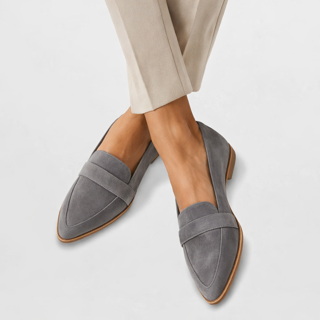 Orthopedic loafers in gray suede-look with pointed toe and supportive footbed.