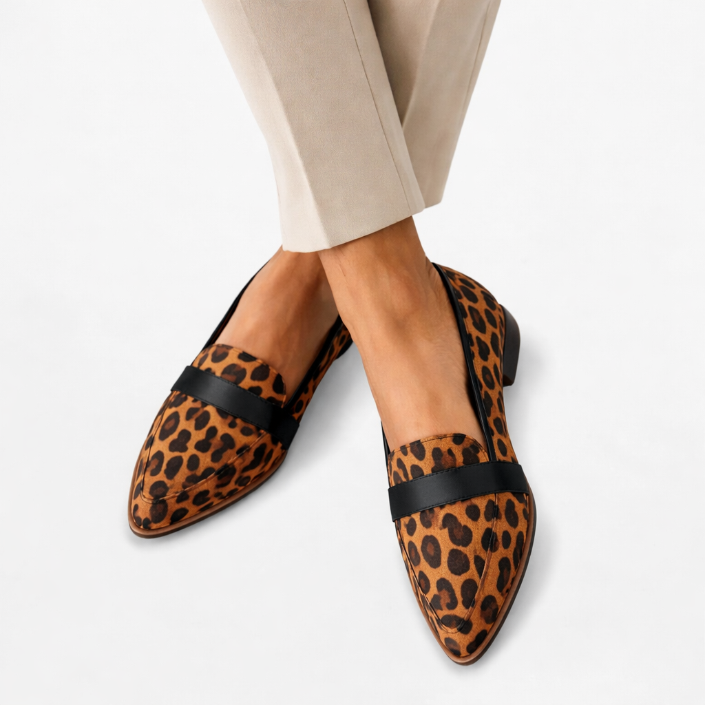 Orthopedic loafers in animal print suede-look with pointed toe and supportive footbed.