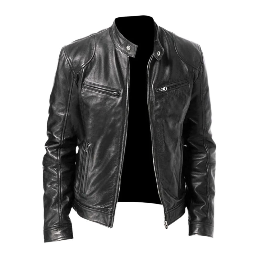 Leather-look jacket in khaki with a modern cut and zip front, front view